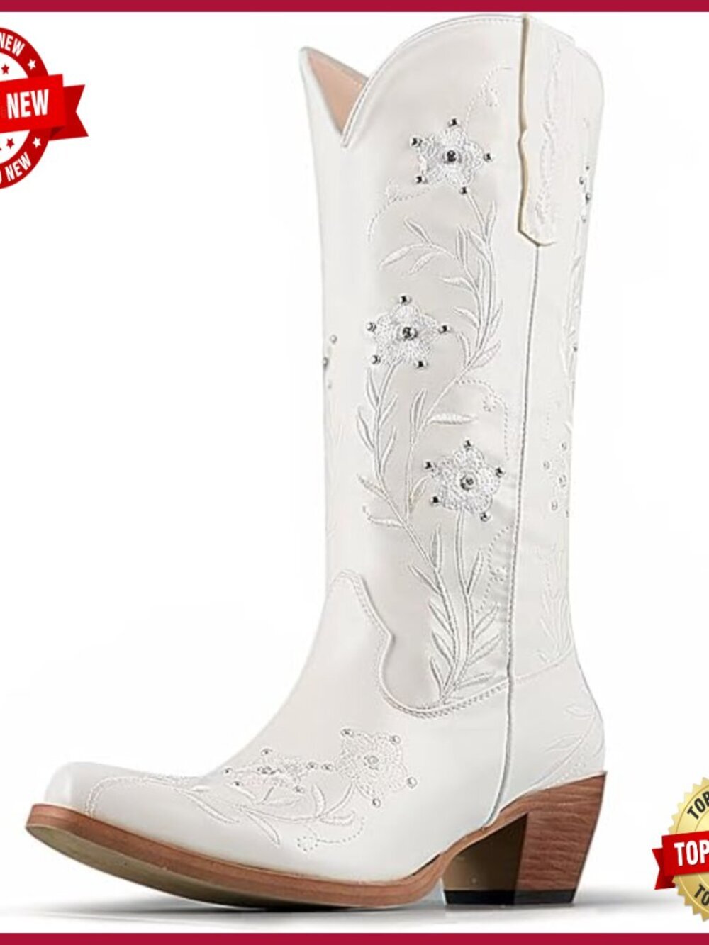 Knee High Cowboy Boots with Chunky Heel Pearl Embroidery Pull On